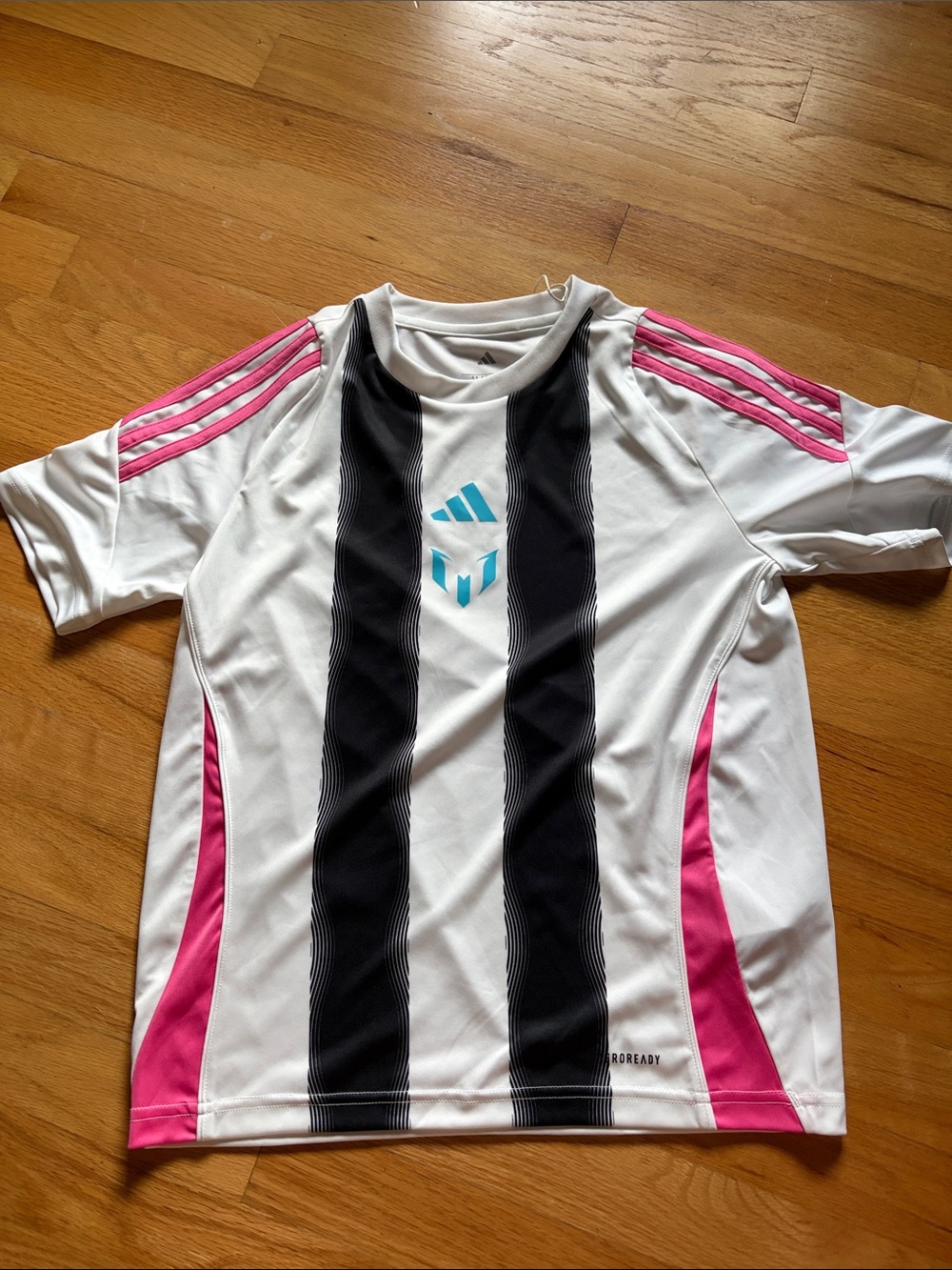 Messi Adidas White Soccer Jersey with Black Stripes & Pink Accents, YM New